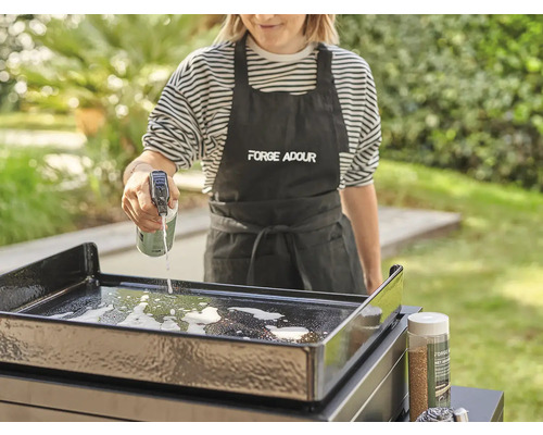 Frau reinigt Grillplatte mit Reinigungsspray und Reinigungsmittel