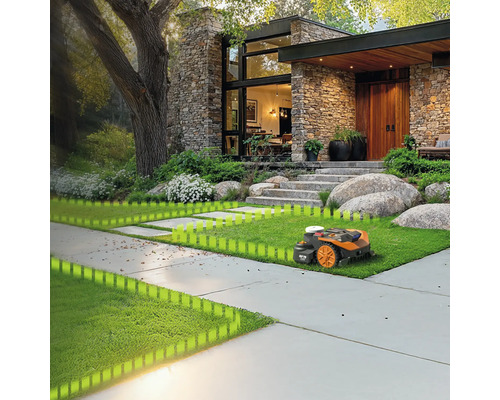 Ein Rasenmähroboter auf einem Rasen vor einem Haus mit Steinfassade und großem Baum.