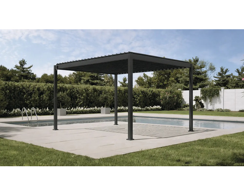 Pergola carrée sur une terrasse à côté d'une piscine