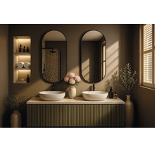 Modernes Badezimmer mit Doppelwaschtisch, Spiegeln und Regalen