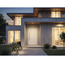 Modernes Haus mit Eingangstür, Fenstern und Gartenanlage