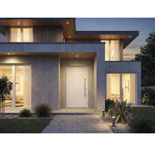 Maison moderne avec porte d'entrée, fenêtres et éclairage extérieur