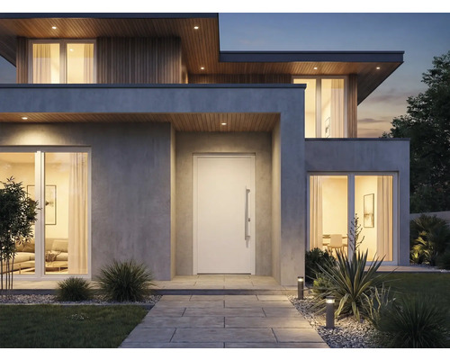 Maison moderne avec porte d'entrée, fenêtres et éclairage extérieur