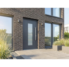 Maison moderne avec porte d'entrée avec insert en verre, façade en brique et grandes fenêtres