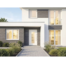 Maison moderne avec porte d'entrée, fenêtres et allée pavée