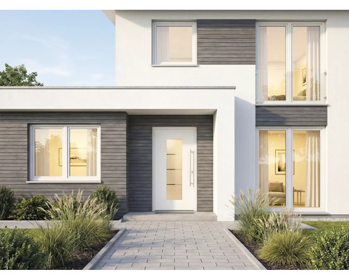 Maison moderne avec porte d'entrée, fenêtres et allée pavée