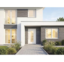 Vue de façade d'une maison moderne avec porte d'entrée, fenêtres et chemin pavé