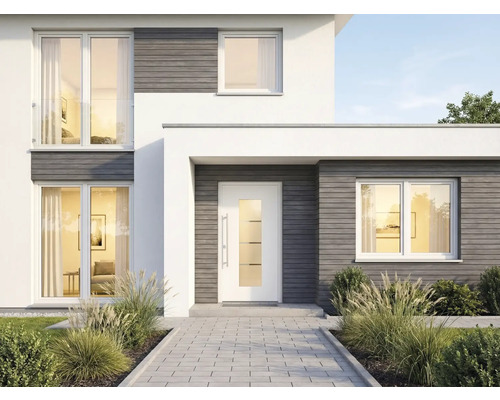 Vue de façade d'une maison moderne avec porte d'entrée, fenêtres et chemin pavé