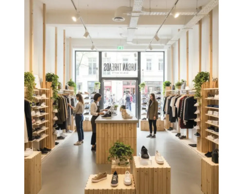 Vue intérieure d'un magasin de vêtements avec des clients et une sélection de chaussures et de vêtements