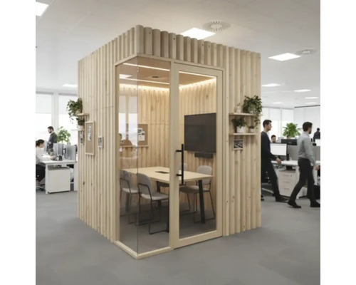 Salle de réunion avec porte en verre et murs en bois dans un bureau