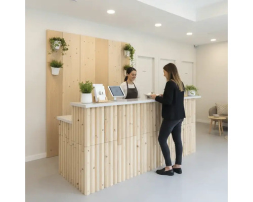 Zone de réception avec comptoir en bois, plantes et deux personnes.