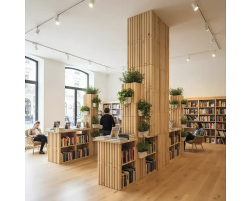 Intérieur d'une librairie avec des étagères, des plantes et un coin lecture.