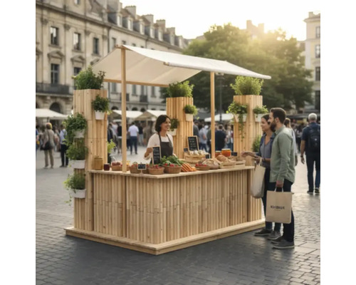 Stand de marché en bois avec des légumes et des herbes sur une place publique