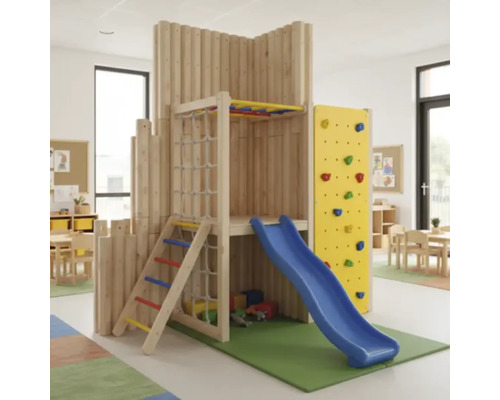 Structure d'escalade avec toboggan, mur d'escalade et filet d'escalade dans une pièce lumineuse