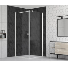 Duschkabine mit Eckeinstieg aus Glas und Metall im Badezimmer