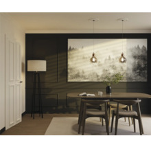 Salle à manger avec table à manger, chaises, lampadaire et suspensions