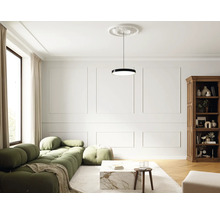 Wohnzimmer mit grüner Couch, Couchtisch, Bücherregal und Pendelleuchte