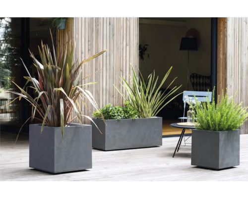 Trois bacs à fleurs gris en béton sur une terrasse avec différentes plantes