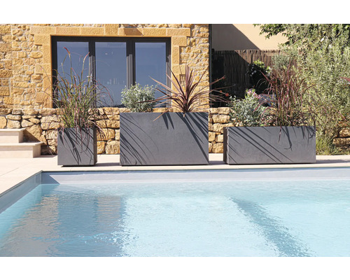 Trois bacs à plantes de tailles différentes plantés à côté d'une piscine.