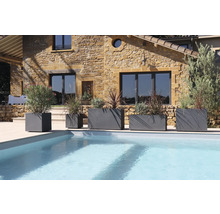 Scène avec plusieurs jardinières grises de différentes tailles à côté d'une piscine.