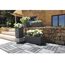 Aussenaufnahme von rechteckigen und quadratischen Pflanzkästen mit Blumen vor einem Gebäude.