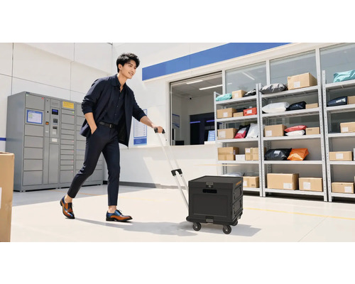 Mann zieht einen Trolley in einem Lagerraum mit Regalen und Schließfächern