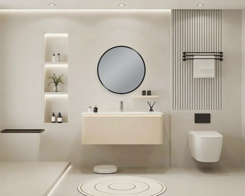 Salle de bain moderne avec lavabo, miroir, toilettes et accessoires