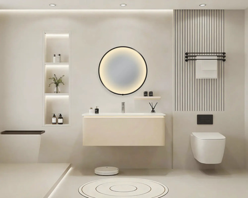 Salle de bains moderne avec lavabo, miroir, toilettes et étagères pour les accessoires de salle de bains.