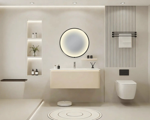 Salle de bains lumineuse avec meuble-lavabo, miroir, toilettes et étagères pour accessoires de salle de bains.