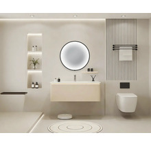 Salle de bains moderne avec miroir rond, meuble-lavabo, WC et porte-serviettes