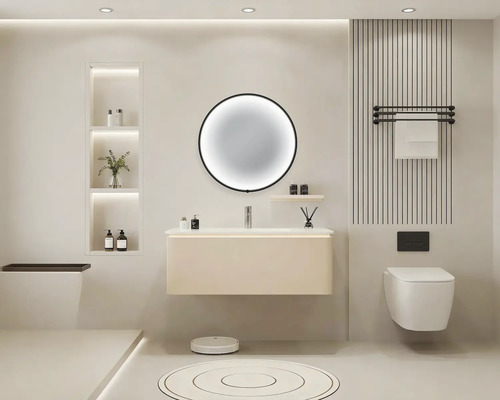 Salle de bains moderne avec miroir rond, meuble-lavabo, WC et porte-serviettes