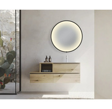 Salle de bain moderne avec miroir rond, meuble-lavabo et cabine de douche