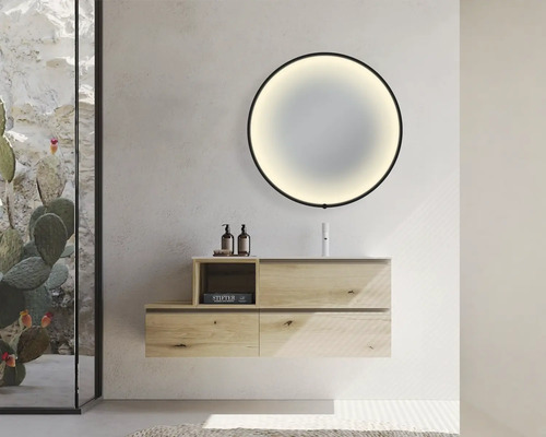 Salle de bain moderne avec miroir rond, meuble-lavabo et cabine de douche