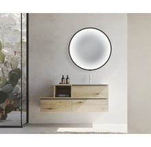 Salle de bains avec meuble sous-vasque, miroir rond et articles de décoration