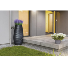 Récupérateur d'eau de pluie décoratif avec motif en losange et bac à fleurs intégré, raccordé à une descente de gouttière.