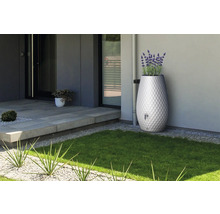 Récupérateur d'eau de pluie décoratif dans un jardin moderne, motif de surface en losanges, bac à plantes intégré avec lavande, raccordé au tuyau.