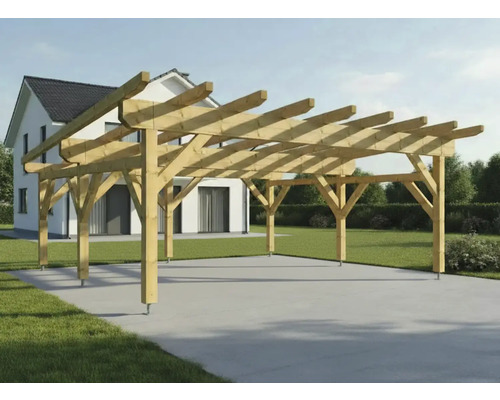 Carport en bois avec toit plat et ancrages en acier dans le jardin