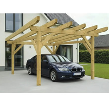 Holzcarport mit Auto vor Haus