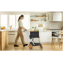 Frau schiebt einen faltbaren Einkaufstrolley mit Obst und Gemüse in einer hellen Küche.