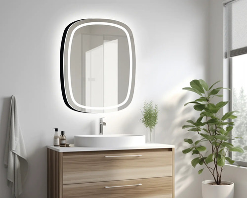 Salle de bain avec meuble-lavabo, miroir avec éclairage et plante d'intérieur