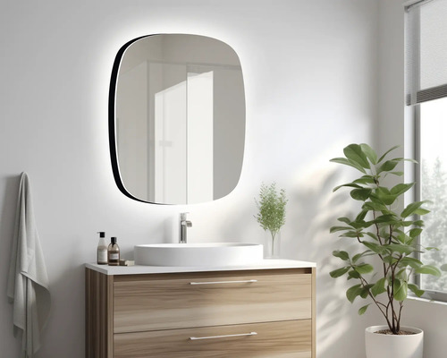 Salle de bains avec meuble-lavabo, miroir avec éclairage et plante d'intérieur.