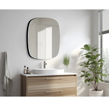 Scène de salle de bains avec miroir, lavabo, meuble sous-lavabo et plante