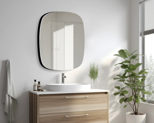 Scène de salle de bains avec miroir, lavabo, meuble sous-lavabo et plante