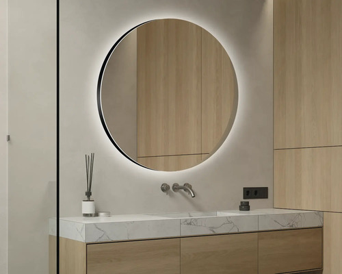 Salle de bain moderne avec miroir rond et lavabo