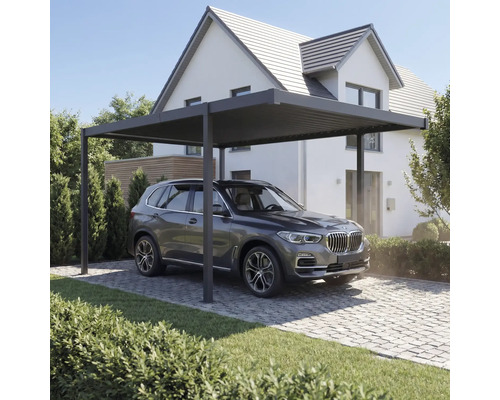 Modernes Carport mit Auto vor Wohnhaus