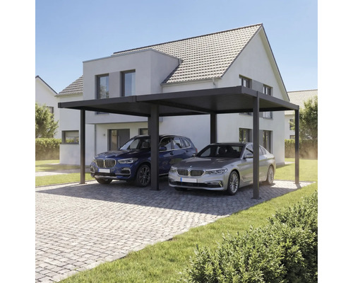 Carport mit zwei Autos vor einem Haus