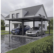 Doppelcarport aus Aluminium mit zwei parkenden Autos vor einem Wohnhaus