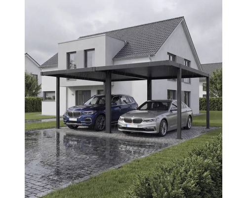 Doppelcarport aus Aluminium mit zwei parkenden Autos vor einem Wohnhaus