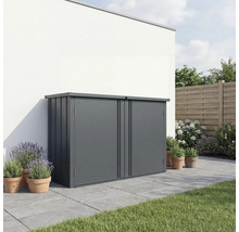 Armoire de jardin grise sur terrasse à côté d'un mur blanc