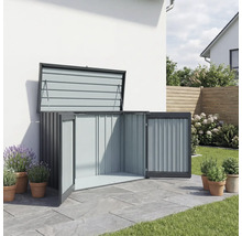 Coffre de rangement ouvert pour outils de jardin dans le jardin